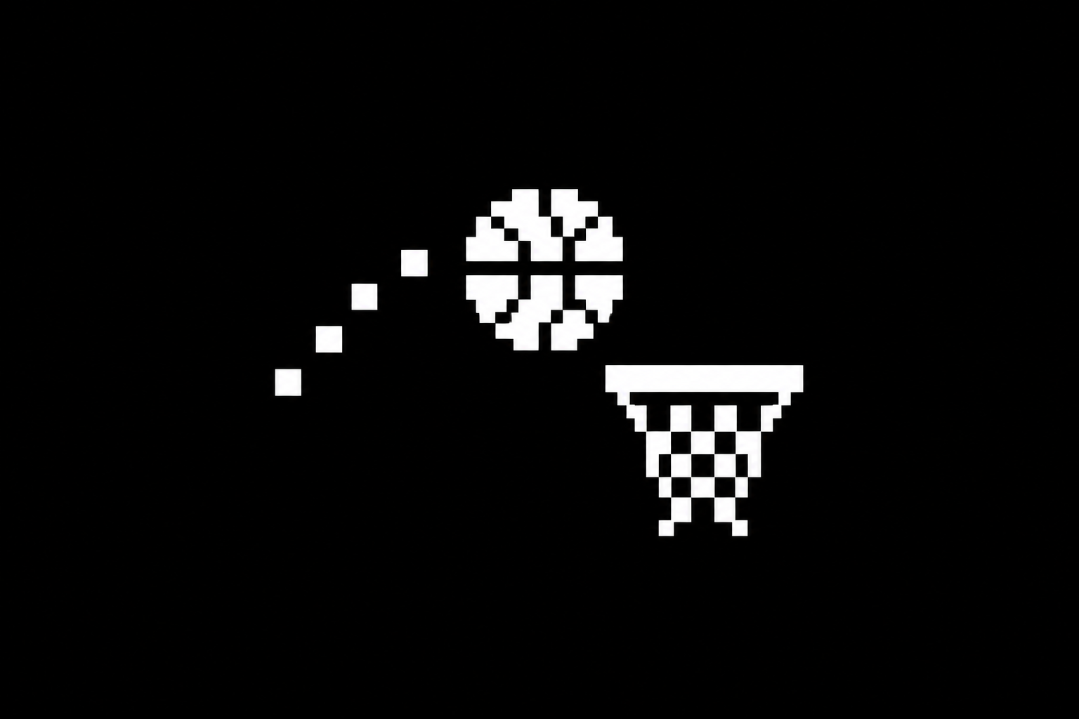Pelota blanca de baloncesto de píxeles acercándose a una canasta
