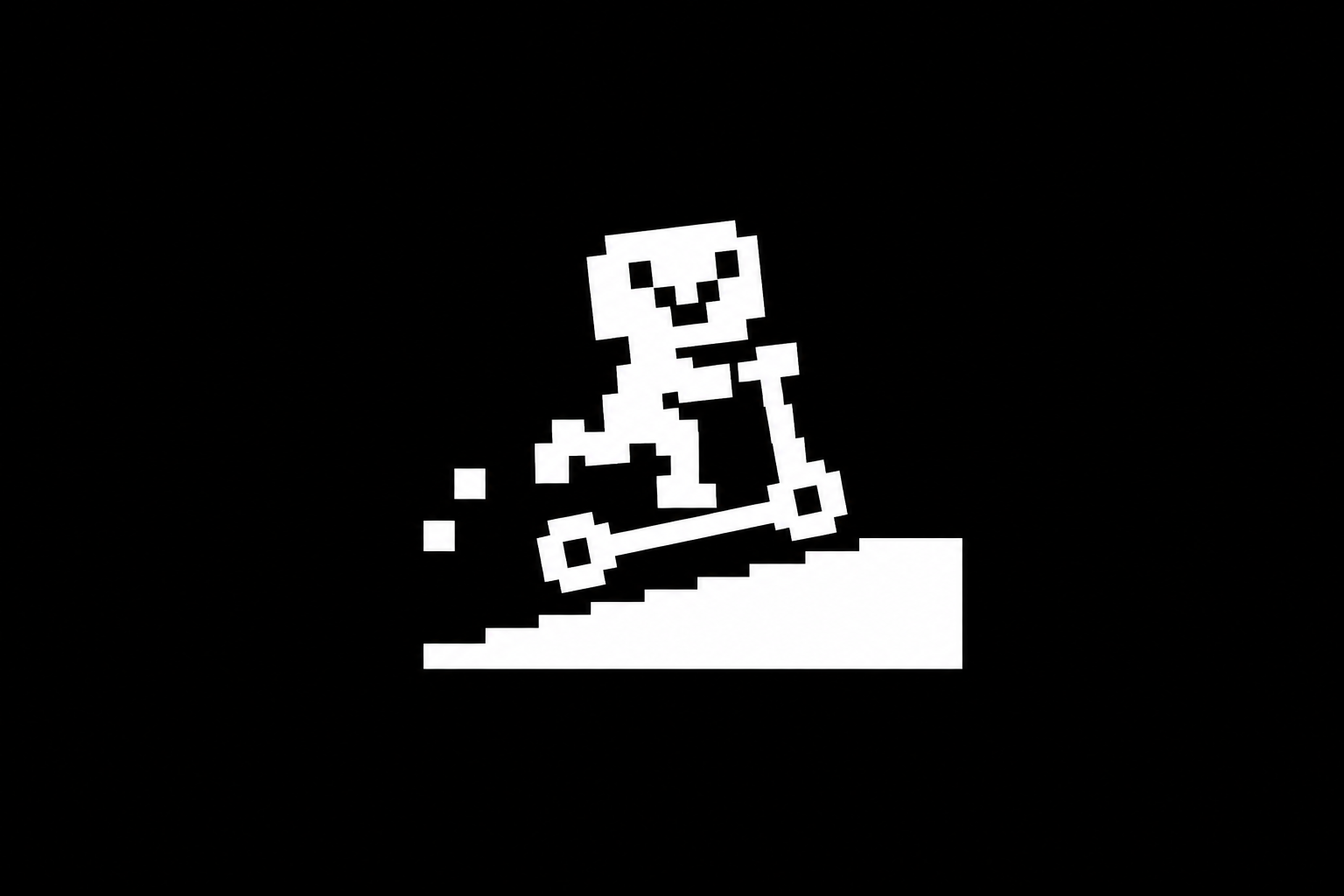 Personaje blanco de píxeles sobre un patinete en una pequeña rampa